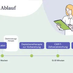 Zeitlicher Ablauf der CAR-T-Zelltherapie in Deutschland: Von der Leukapherese über Laborarbeiten und Vorbereitung bis zur Verabreichung und Nachbeobachtung.