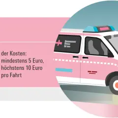 Fahrtkosten für ambulante Chemotherapie: 10% Zuzahlung, mind. 5€, max. 10€ pro Fahrt. Ein rosa Krankenwagen symbolisiert die Mobilität.