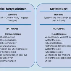 Vergleich von Behandlungsstrategien: Lokal fortgeschritten vs. metastasiert. Bei lokal fortgeschrittenen Tumoren wird die Chemoimmuntherapie zur Behandlung von Mikrometastasen und zur Verbesserung der Heilungschancen eingesetzt.