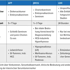 Übersichtliche tumormarker-werte tabelle mit AFP, βHCG und LDH. Zeigt Subtypen, Halbwertszeit, klinische Bedeutung und andere Ursachen.