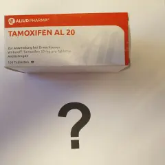 Packung Tamoxifen AL 20 mg, 100 Tabletten. Die Fragezeichen darunter deuten auf die Unsicherheit beim tamoxifen absetzen hin.