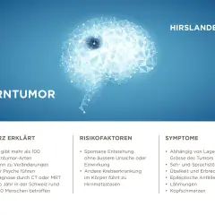 Abstrakte Darstellung eines Gehirns mit dem Titel "Hirntumor". Informationen über Symptome und Risikofaktoren eines Hirntumors echt.