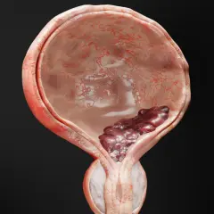 Darstellung einer Blase mit einem dunklen, unregelmäßigen Tumor, der auf muskelinvasiven Blasenkrebs hindeutet.