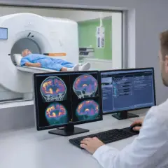 Arzt wertet PET-Untersuchung des Gehirns aus. Patient liegt in einem Scanner.