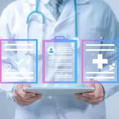 Arzt mit Tablet zeigt digitale Dokumente, die eine Leitlinie Mammakarzinom, Patientenakte und medizinische Symbole darstellen.