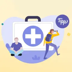 Illustration zeigt eine Erste-Hilfe-Tasche mit einem Kreuz. Ein Mann sitzt davor, ein anderer schaut mit einem Fernglas in die Ferne. Hier finden Sie Tipps zu Hautkrebs-Erfahrungen.