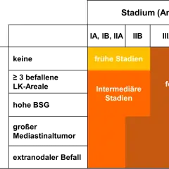 Schema zur Einteilung von Stadien des Hodgkin Lymphoms basierend auf Risikofaktoren.