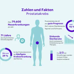 Zahlen & Fakten zu Prostatakrebs: Über 79.600 Neuerkrankungen/Jahr, 71 Jahre Durchschnittsalter. Gute Prognose: 92% Überleben. Prostatakrebs ist heilbar, wenn früh erkannt.