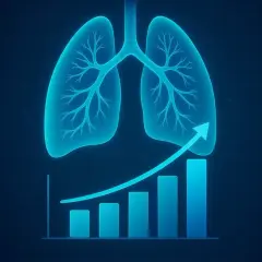 Blaue Lungen über einem steigenden Balkendiagramm mit Pfeil. Die Grafik deutet auf Fortschritte hin, die Hoffnung geben, dass man Lungenkrebs heilen kann.