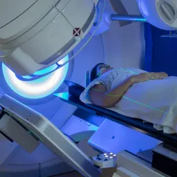 Frau liegt auf Liege unter Bestrahlungsgerät. Grüne Laserlinien markieren die Position. Strahlentherapie Brustkrebs Erfahrungen.
