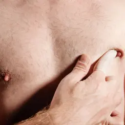 Ein Mann tastet seine Brust ab. Brustkrebs bei Männern ist selten, aber wichtig zu erkennen.
