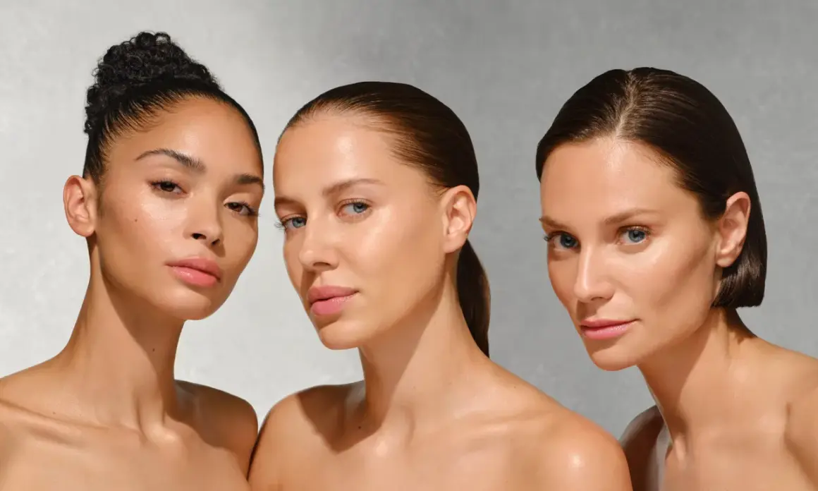Drei Frauen mit strahlender Haut, die auf die Vorteile von onkologischer Kosmetik hinweisen.