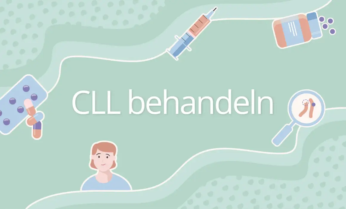 Illustration zeigt Medikamente, Spritze und Lupe, die auf die Behandlung von CLL-Stadien hinweisen.