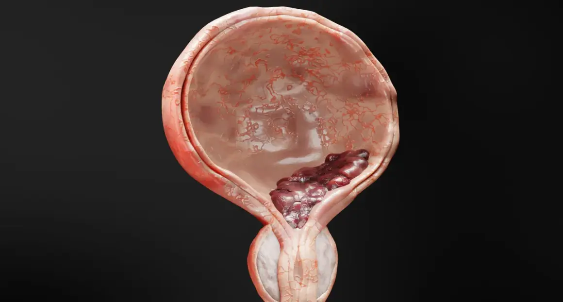 Darstellung einer Blase mit einem dunklen, unregelmäßigen Tumor, der auf muskelinvasiven Blasenkrebs hindeutet.