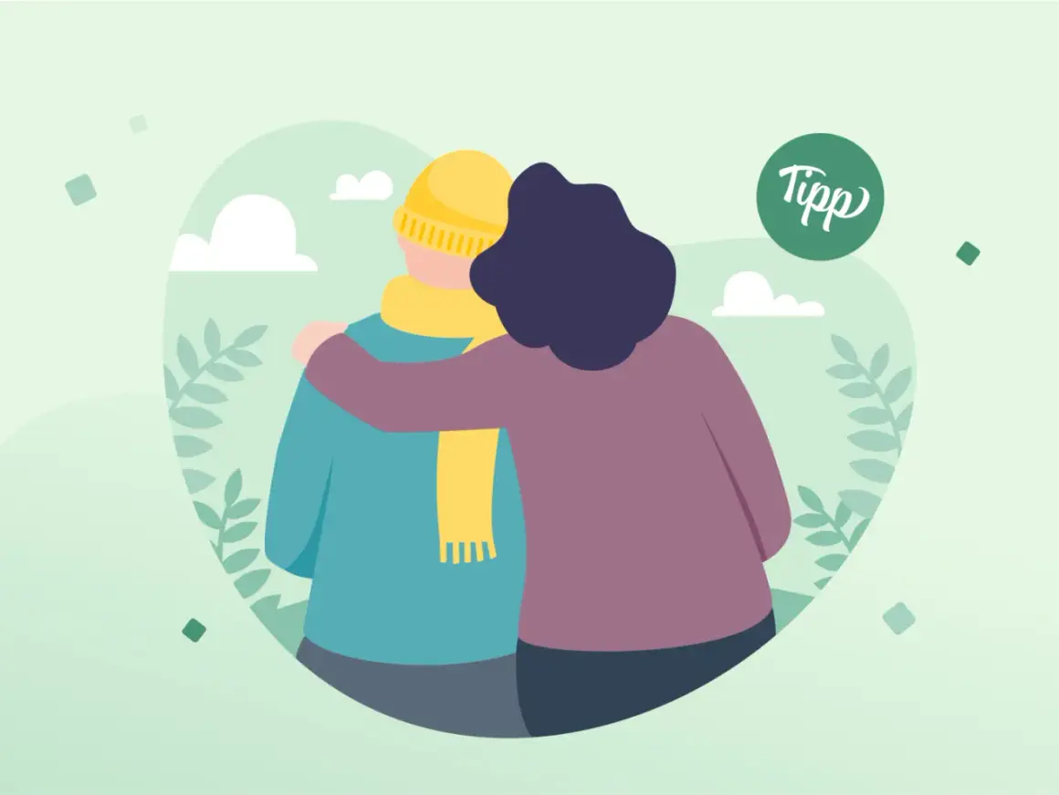 Eine Person tröstet eine andere, um Krebspatienten Mut zu machen. Ein grüner Kreis mit dem Wort "Tipp" ist sichtbar.