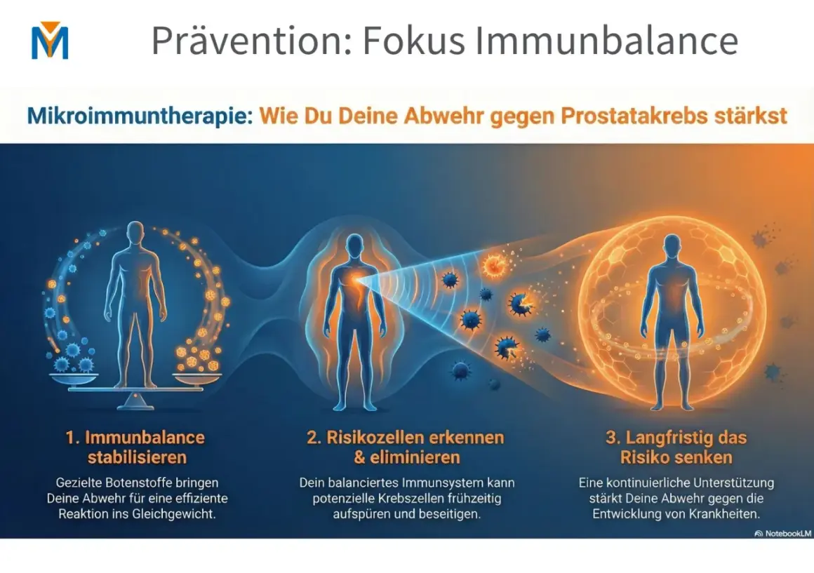 Illustration zeigt, wie Mikroimmuntherapie die Abwehr stärkt, um Prostatakrebs mit 70 Jahren vorzubeugen.