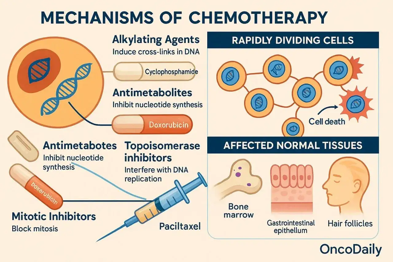 Grafik zeigt, welche Chemo am schlimmsten ist: Doxorubicin, ein Antimetabolit, greift DNA an. Nebenwirkungen betreffen Knochenmark, Darm & Haare.
