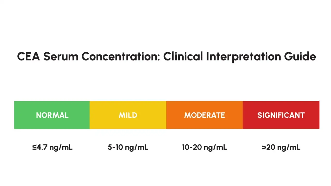 Leitfaden zur Interpretation der CEA-Serumkonzentration: Normal (<4,7 ng/mL), mild (5-10 ng/mL), moderat (10-20 ng/mL), signifikant (>20 ng/mL).
