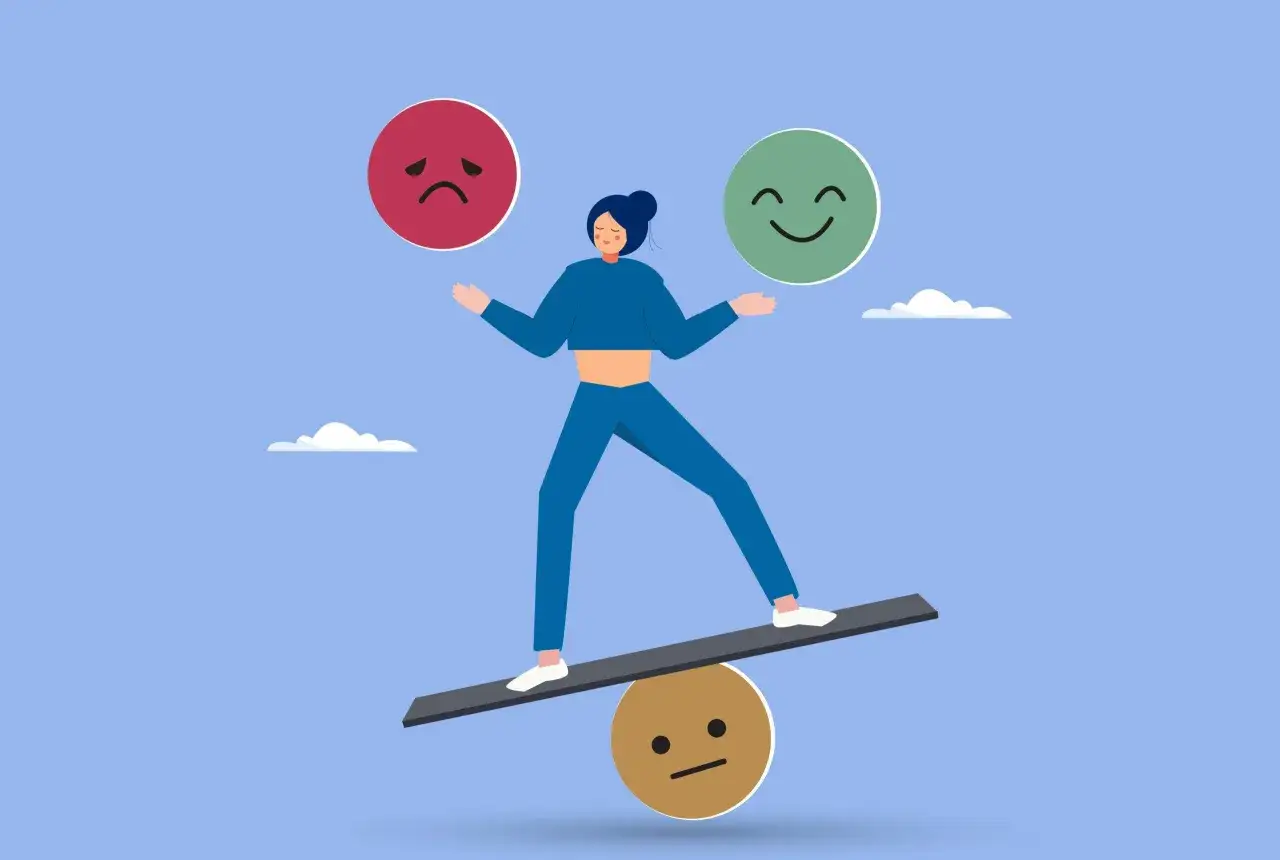 Eine Person balanciert auf einem wackeligen Untergrund, umgeben von Symbolen für Freude und Trauer. Psychoonkologische Beratung hilft, diese Emotionen zu navigieren.