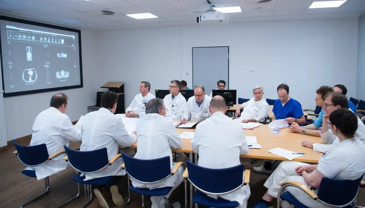 Ärzte in einem Konferenzraum diskutieren medizinische Bilder, typisch für die Zusammenarbeit in Krebszentren Deutschland.