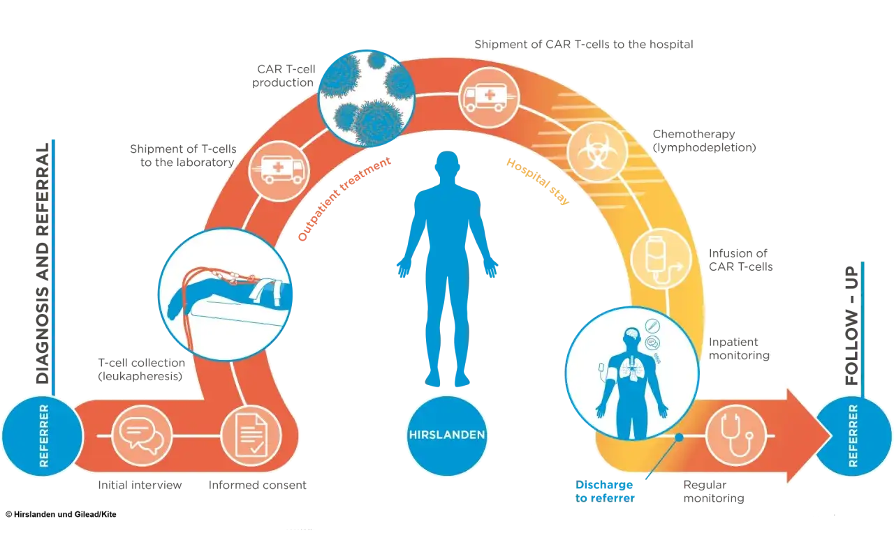 Schema der CAR-T-Zelltherapie in Deutschland: Von der T-Zell-Sammlung über Produktion und Infusion bis zur Nachsorge.